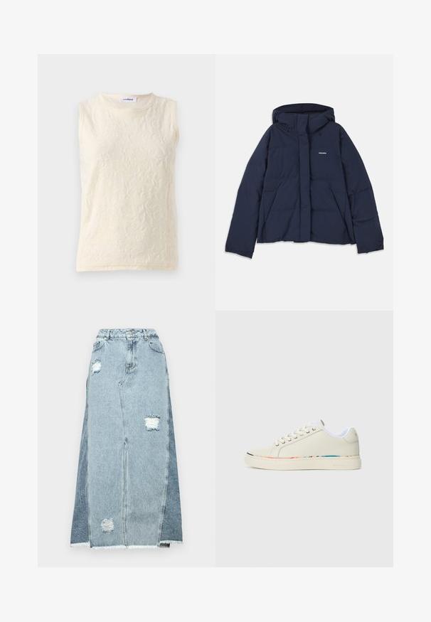 Giubbotto imbottito blu navy con cappuccio regolabile, zip frontale completa, due tasche anteriori e un piccolo logo bianco sul lato sinistro del petto. Texture liscia.; Top senza maniche in crema chiaro, realizzato in tessuto testurizzato con un motivo floreale. Presenta un collo a giro e cuciture a vista per un tocco di dettaglio.; Gonna in denim caratterizzata da un mix di tessuti blu chiaro e scuro, con toppe strappate, vita alta e orlo sfrangiato.; Sneaker bassa color avorio con design a lacci, fodera interna bianca e sottile bordatura multicolore lungo il bordo della suola, vista laterale.
