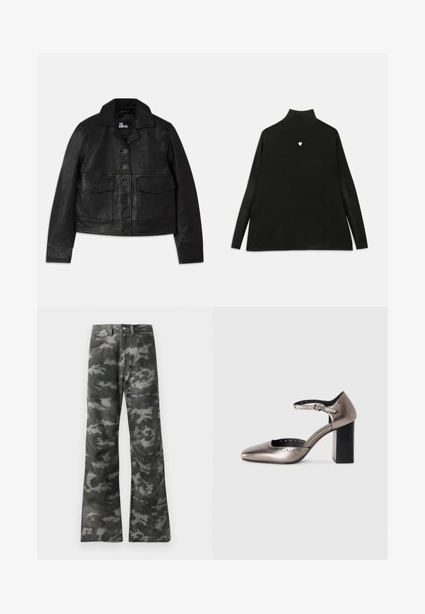 Veste en cuir noire avec un col, fermeture à boutons, deux poches avant avec rabats et une coupe courte. Texture lisse et ajustement cintré.; Pull noir à col roulé avec manches longues, arborant un petit embleme en forme de cœur blanc sur la poitrine. Tissu doux et coupe décontractée.; Jean droit en denim noir et gris foncé à motif camouflage, avec fermeture à bouton et zip et poches avant.; Chaussure à talon aiguille gris foncé métallisé avec un bout pointu et une lanière de cheville. Dispose de détails perforés et d'un talon épais noir.