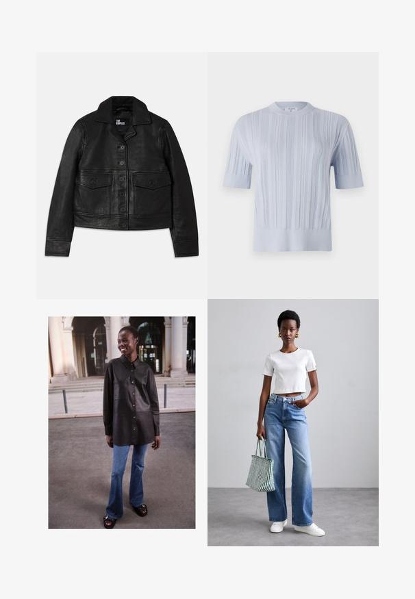 Zwarte leren jas met een kraag, knoopsluiting, twee voorzakken met kleppen en een cropped ontwerp. Zachte textuur en getailleerde pasvorm.; Lichtblauw, kort mouwend, gebreid topje met verticale ribbelstructuur en een ronde halslijn. De stof vertoont subtiele details met een fitted zoom.; Zwarte leren shirt met knoopsluiting, kraagontwerp en voorzak, gecombineerd met uitlopende blauwe denim jeans en zwarte sandaal.; Witte geribde crop top, lichtblauwe wijde jeans en witte sneakers. Houdt een groen-wit gestreepte tote bag vast.