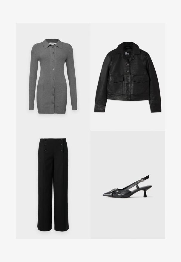 Fekete bőrkabát, amelynek galléros nyaka, gombos záródása, két elülső zseb flap-szerű kialakítással és crop szabása van. Simító textúrájú és testhezálló fazon.; Szürke bordázott kardigán hosszú ujjakkal, galléros nyakkal és gombos elejével. Fitted sziluettet és sima textúrát kínál.; Fekete, széles szárú nadrág sima anyagból, magas derékkal és öt elülső gombbal a záráshoz. Elegáns, igényes kialakítás.; Fekete bőr slingback cipő hegyes orral, dekoratív pántokkal, fém szemekkel és alacsony blokk sarkú. Texturált felület.