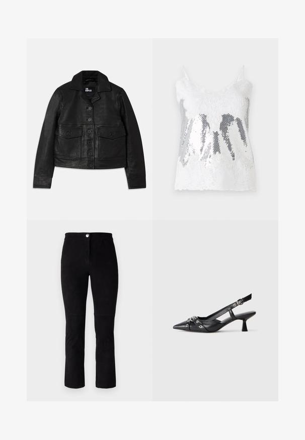 Must mustrakk mustrakk, mis sisaldab kraega kaela, nupuvajutusega sulgemist, kahte esipocketit klappidega ja lühendatud disaini. Sile tekstuur ja peenelt lõigatud sobivus.; Valge pitsist tank top, millel on hõbedased sequins'st bodice, mis loob gradientefekti. Reguleeritavad õhukesed rihmad ja laineline pitsist ääre.; Mustad nahkpüksid sirge jala kujundusega, millel on ees nööp sulgemine ja minimaalne õmblemise detail. Pehme tekstuur ja ilma mustriteta.; Must must have must toote tõmblukuga, dekoratiivsed rihmad metallist silmadega ja madal blokk-kand. Tekstureeritud pind.