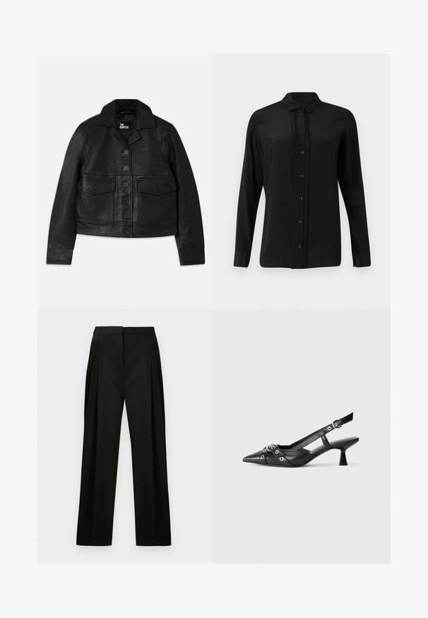 Zwarte leren jas met een kraag, knoopsluiting, twee voorzakken met kleppen en een cropped ontwerp. Zachte textuur en getailleerde pasvorm.; The Kooples CHEMISE - Overhemdblouse - black; Zwarte wijde broek met een textuurstof, met voorplooien en een schone, op maat gemaakte tailleband. Geen zichtbare zakken of versieringen.; Zwarte leren slingback schoen met een puntige neus, decoratieve banden met metalen oogjes en een lage blokhak. Textuur oppervlak.