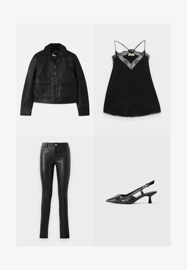Fekete bőrkabát, amelynek galléros nyaka, gombos záródása, két elülső zseb flap-szerű kialakítással és crop szabása van. Simító textúrájú és testhezálló fazon.; Fekete ujj nélküli blúz állítható pántokkal, csipkés, mély dekoltázzsal és hullámos szegéllyel. Simább anyag enyhe fényességgel.; Fekete bőrnadrág, testhez álló fazonnal, sima textúrával, közepes derékvonallal és diszkrét varrási részletekkel. Elöl zsebekkel és fémből készült gombbal rendelkezik.; Fekete bőr slingback cipő hegyes orral, dekoratív pántokkal, fém szemekkel és alacsony blokk sarkú. Texturált felület.