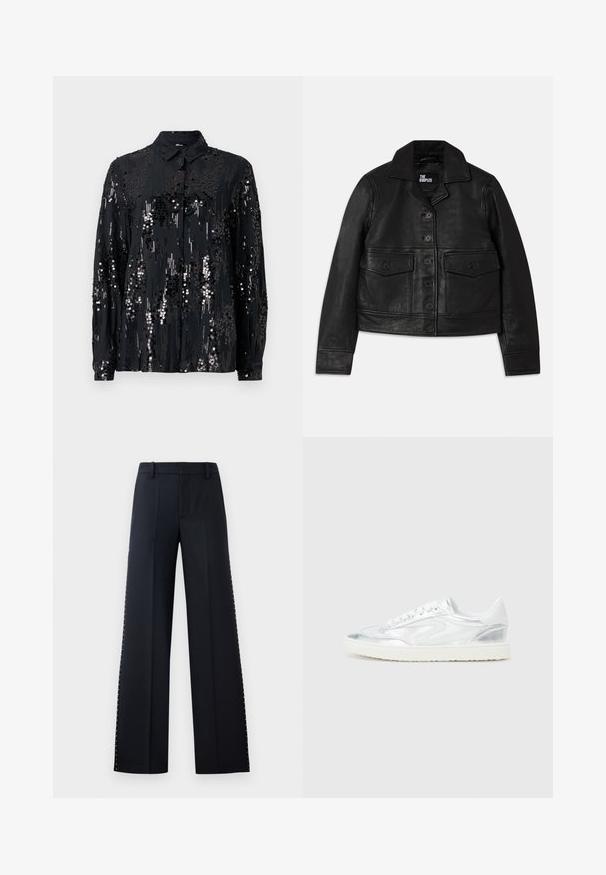 Juodas odinis švarkas su apykakle, sagomis, dviem priekinių kišenių dangteliais ir trumpa forma. Lygus paviršius ir pritaikytas siluetas.; Juodas marškinėliai su knopkėmis, pagaminti iš audinio, puošto blizgučiais, su apykakle ir ilgomis rankovėmis, turintys blizgantį, tekstūruotą raštą.; Juodos plačios kojos kelnės. Priklausantis pritaikytam stiliui su lygiu paviršiumi. Papildyta metaliniais kaliukais šoninėse siūlėse kaip detalė.; Baltieji sportbačiai su metalizuotais sidabro akcentais, lygia tekstūra, apvaliu kojų pirštu, plokščiu padu ir tradiciniu raištelių užsegimu.