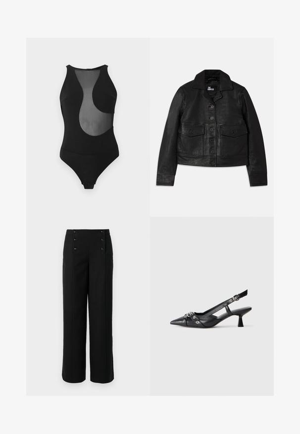 Veste en cuir noire avec un col, fermeture à boutons, deux poches avant avec rabats et une coupe courte. Texture lisse et ajustement cintré.; Maillot de bain une pièce noir avec un design découpé en maille, sans manches, col montant, et fermeture pressionnée en bas. Texture lisse sur toute la surface.; Pantalons larges noirs en tissu lisse, avec une taille haute et cinq boutons sur le devant pour la fermeture. Design élégant et ajusté.; Chaussure slingback en cuir noir avec un bout pointu, des sangles décoratives avec œillets en métal et un petit talon carré. Surface texturée.
