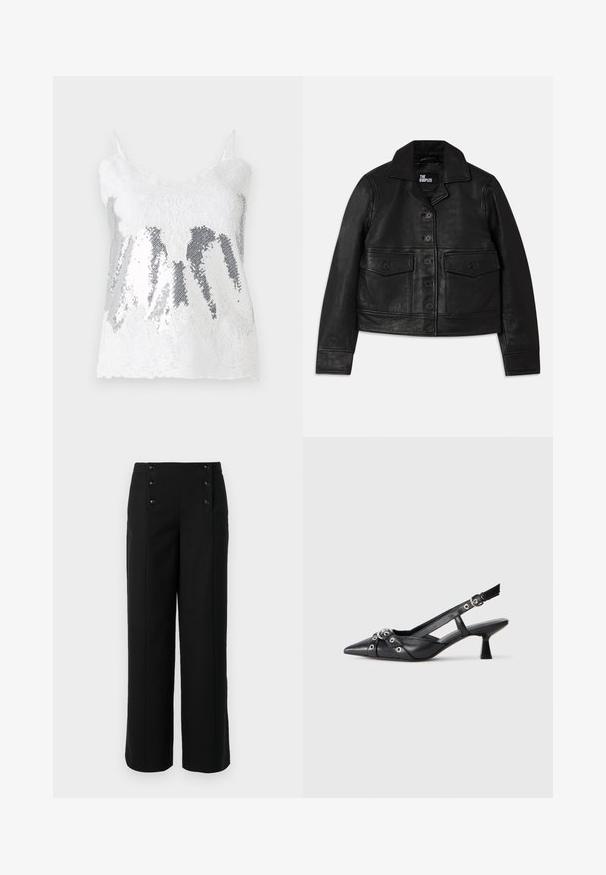 Melnā ādas jakā ar apkakli, pogu aizdari, divām priekšējām kabatām ar vākiem un īsu piegriezumu. Gluda tekstūra un piegrieztas formas.; Balts mežģīņu topiņš ar sudrabainu pērlīšu bodi, kas rada gradienta efektu. Regulējamas plānas siksnas un viļņota mežģīņu apakšmalā.; Melni plati bikses, izgatavotas no gludas auduma, ar augsto jostasvietu un pieciem priekšējiem pogām aizdarei. Elegants, pielāgots dizains.; Melnas ādas šlipsveida kurpes ar norādītu purngalu, dekoratīvām joslām ar metāla acīm un zemu bloku papēdi. Teksturēta virsma.