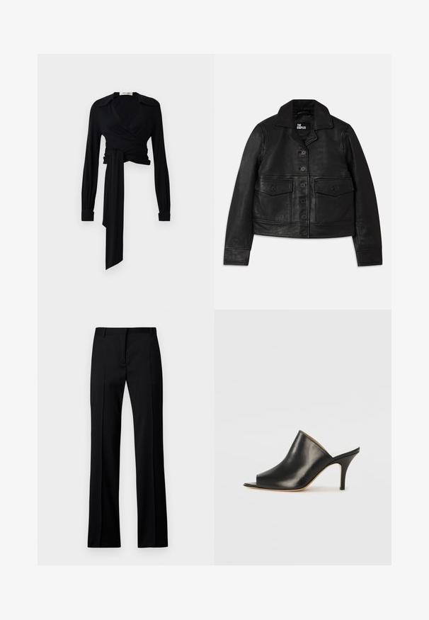 Black leather jacket featuring a collared neck, button closure, two front pockets with flaps, and a cropped design. Smooth texture and tailored fit.; Black wrap blouse with long sleeves, spread collar, and tie detail at the waist. Made from a smooth fabric with a lightweight texture.; Black straight-leg trousers in smooth fabric, featuring a flat front, belt loops, and no visible pockets or embellishments.; Black leather open-toe mule with a sleek, curved design, high stiletto heel, and smooth texture. The interior features a contrasting light color.