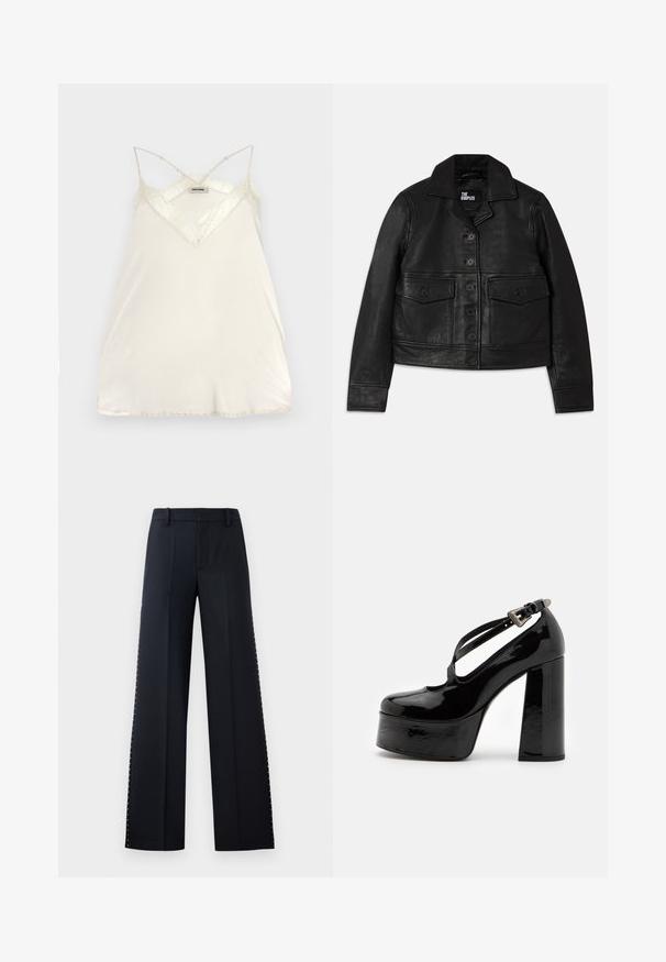 Schwarze Lederjacke mit Kragen, Knopfverschluss, zwei aufgesetzten Fronttaschen und tailliertem Schnitt. Glatte Textur und taillierte Passform.; Leichtes cremfarbenes Trägertop mit verstellbaren Spaghetti-Trägern, V-Ausschnitt-Design und Spitzenakzenten am Halsausschnitt und Saum für zusätzliche Details.; Schwarze weit geschnittene Hose. Maßgeschneiderte Passform mit glatter Textur. Verfügt über eine Reihe von metallischen Nieten entlang der Seitennaht für Details.; The Kooples CHAUSSURES - High Heel Pumps - black