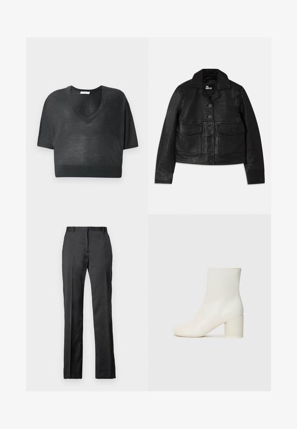 Melnā ādas jakā ar apkakli, pogu aizdari, divām priekšējām kabatām ar vākiem un īsu piegriezumu. Gluda tekstūra un piegrieztas formas.; Melna īsā krekla T-kreklu vieglā audumā ar V veida kakla izgriezumu, īsām piedurknēm un ribotu apakšmalu. Minimālistisks dizains bez rakstiem vai akcentiem.; Pielāgotas melnas bikses, izgatavotas no gludas auduma. Iezīmē taisnas kājas dizainu, plakanu priekšu un smalku krokas detaļas.; Baldais ādas potītes zābaks ar noapaļotu purngalu un masīvu cilindrisku papēdi. Gluda tekstūra, minimāls dizains, nav redzamu aksesuāru vai rakstu.