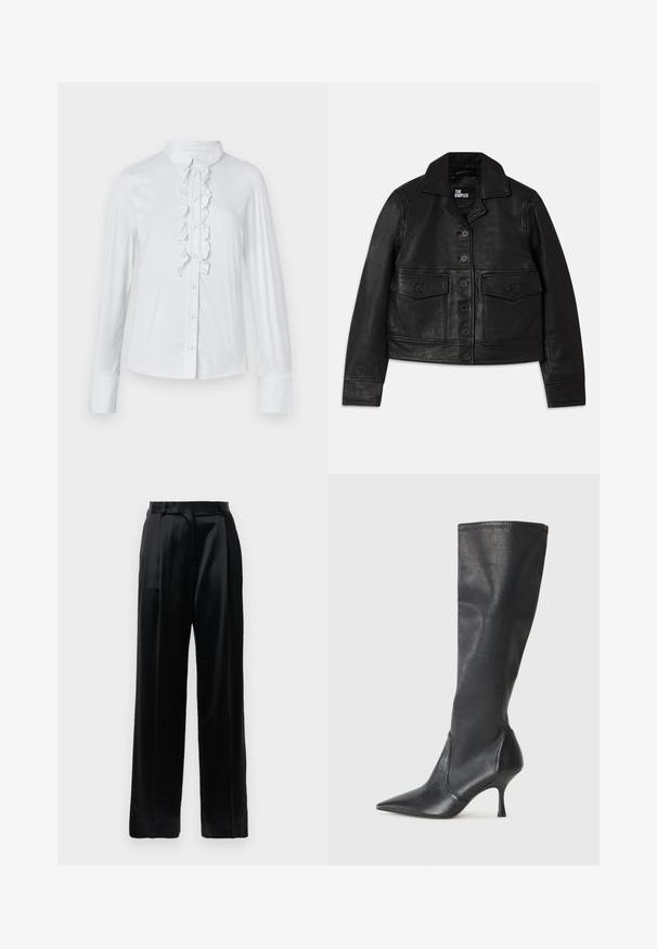 Chaqueta de cuero negro con cuello, cierre de botones, dos bolsillos frontales con solapa y un diseño corto. Textura suave y ajuste entallado.; The Kooples CHEMISE - Blusa - white; Pantalones de satén negros de tiro alto con piernas anchas rectas, presillas para cinturón y cierre frontal plano sobre un fondo blanco liso.; Botas de cuero negro hasta la rodilla con punta afilada y tacón de aguja delgado. Textura suave con un diseño ajustado y costuras en el borde superior.