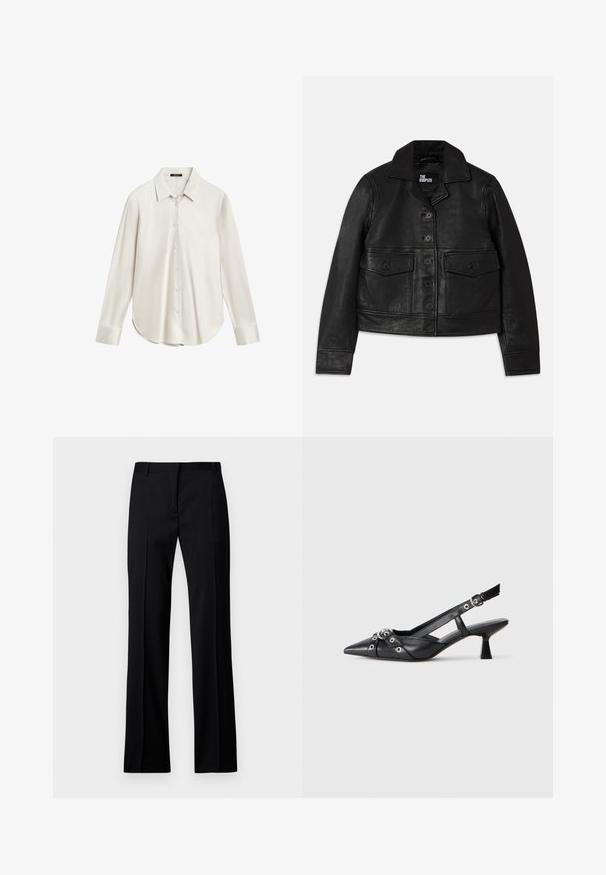 Giubbotto in pelle nera con collo, chiusura con bottoni, due tasche frontali con pattina e design accorciato. Texture liscia e vestibilità sartoriale.; Camicia bianca a maniche lunghe realizzata in tessuto morbido, con colletto classico, chiusura frontale con bottoni e orlo curvo. Design semplice senza motivi.; Pantaloni neri a gamba dritta in tessuto liscio, con vita piatta, passanti per la cintura e senza tasche visibili o decorazioni.; Scarpa slingback nera in pelle con punta affusolata, cinturini decorativi con occhielli metallici e tacco basso a blocco. Superficie testurizzata.