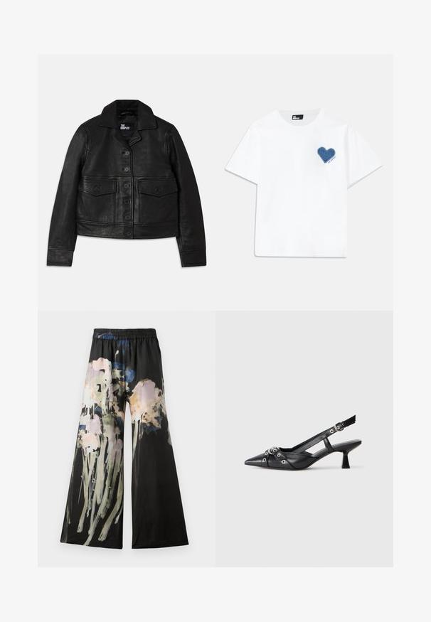 Črna usnjena jakna s ovratnikom, gumbnim zaklepanjem, dvema sprednjima žepoma s preklopom in skrajšano zasnovo. Gladka tekstura in prilagojen kroj.; Bela bombažna majica s kratkimi rokavi in okroglim izrezom. Ima modro jeansa srčno aplikacijo na levi prsi z besedilom spodaj.; Široke hlače iz črnega blaga z akvarelnim cvetličnim potiskom v rožnatih, modrih in zelenih tonih; elastičen pas za udobje.; Črne usnjene sandale središnje zaponke z ostro konico, okrasnimi trakovi z kovinskimi očesi in nizko blokasto peto. Teksturirana površina.