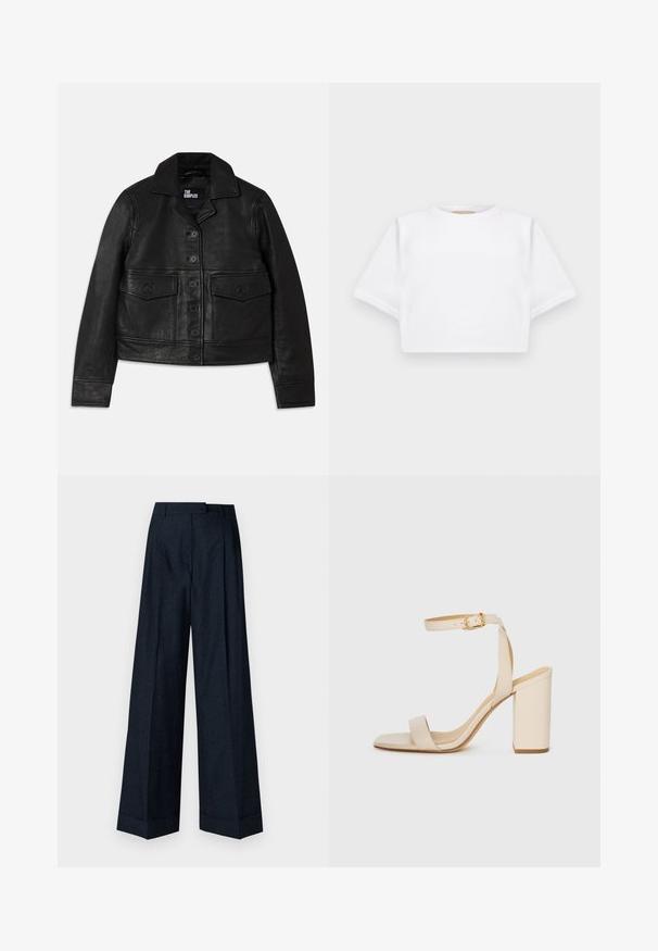 Zwarte leren jas met een kraag, knoopsluiting, twee voorzakken met kleppen en een cropped ontwerp. Zachte textuur en getailleerde pasvorm.; Gemiddelde witte T-shirt gemaakt van zachte stof, met korte mouwen, een ronde halslijn en geribbelde zoomdetails. Eenvoudig en ongecompliceerd ontwerp.; Wijde pijpen in donker marineblauw, met een subtiele textuur van een bloempatroon, een op maat gemaakte tailleband en scherpe manchets aan de zoom.; Beige hoge hakken sandaal met een vierkante neus, dunne enkelband en blokhak. Gladde leren textuur met een gouden sluiting.