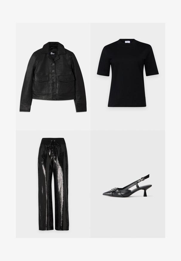 Zwarte leren jas met een kraag, knoopsluiting, twee voorzakken met kleppen en een cropped ontwerp. Zachte textuur en getailleerde pasvorm.; Zwarte t-shirt met korte mouwen, gemaakt van zacht materiaal, met een ronde halslijn en een rechte snit; heeft een minimalistisch ontwerp zonder zichtbare patronen.; Zwarte paillettenbroek met een wijde pijp en een elastische tailleband met een trekkoord. De stof heeft een reflecterende, glanzende textuur.; Zwarte leren slingback schoen met een puntige neus, decoratieve banden met metalen oogjes en een lage blokhak. Textuur oppervlak.