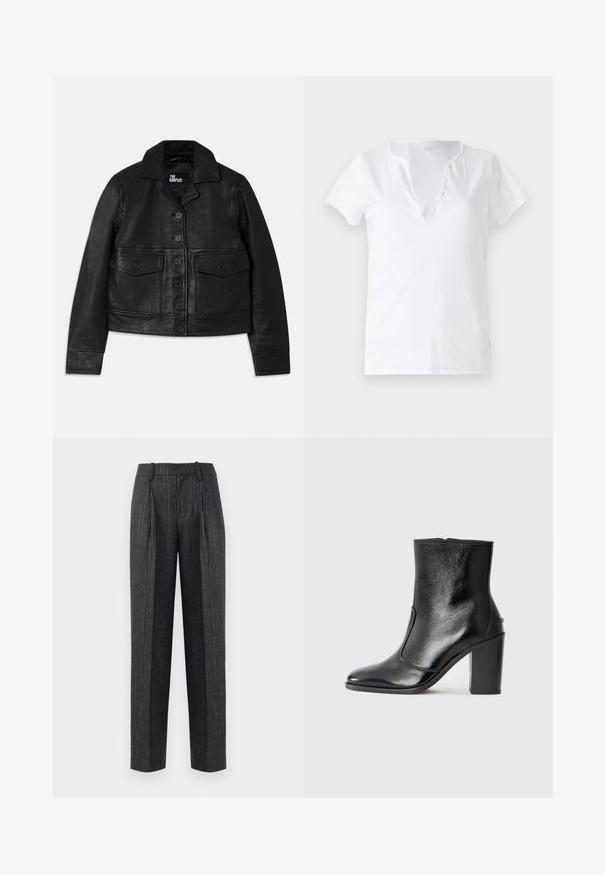 Jachetă din piele neagră cu guler, închidere cu nasturi, două buzunare frontale cu clapete și un design scurt. Textură netedă și croială ajustată.; Tricou alb din bumbac, cu mâneci scurte, croială lejeră și decolteu în V, având o deschidere cu cinci butoane decorative.; Pantaloni ajustați dintr-un material gri închis cu dungi subțiri, având o croială dreaptă, pliu în față și o textură netedă.; Botină din piele neagră, cu o textură netedă, vârf ascuțit și toc gros, înalt. Dispune de o deschidere laterală și un design minimalist.