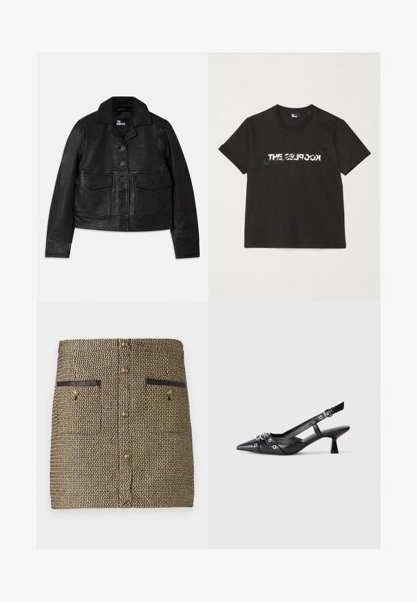 Sort læderjakke med krave, knaplukning, to forlommer med klap og cropped design. Glat tekstur og skræddersyet pasform.; Sort bomulds t-shirt med korte ærmer, der har et trykt hvidt og gråt "THE 2LOOK" design over forsiden. Klassisk crew neck.; Vævet nederdel med et sort og guld mønster, to forlommer med sorte accenter og guldknapper ned ad midten.; Sort lædersandal med spids tå, dekorative stropper med metaløjer og en lav blokhæl. Struktureret overflade.