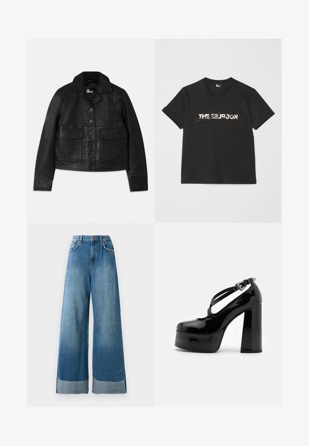 Giubbotto in pelle nera con collo, chiusura con bottoni, due tasche frontali con pattina e design accorciato. Texture liscia e vestibilità sartoriale.; T-shirt di cotone nera con maniche corte, caratterizzata da una stampa bianca e grigia "THE 2LOOK" sul davanti. Collo girocollo classico.; Jeans in denim blu a vita alta e gamba larga, con tasche frontali, chiusura a bottone e dettaglio della cuffia scolorita visibile all'orlo.; The Kooples CHAUSSURES - Decolleté - black