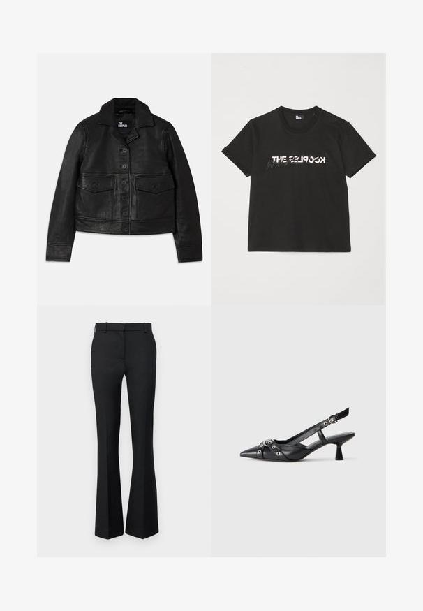 Črna usnjena jakna s ovratnikom, gumbnim zaklepanjem, dvema sprednjima žepoma s preklopom in skrajšano zasnovo. Gladka tekstura in prilagojen kroj.; Črna bombažna majica s kratkimi rokavi, z belim in sivim natisnjenim dizajnom "THE 2LOOK" na sprednji strani. Klasičen kroj z okroglim izrezom.; Črne široke hlače iz teksturirane tkanine, z pasom in zankami za pas, krojem po meri ter stranskimi žepi.; Črne usnjene sandale središnje zaponke z ostro konico, okrasnimi trakovi z kovinskimi očesi in nizko blokasto peto. Teksturirana površina.