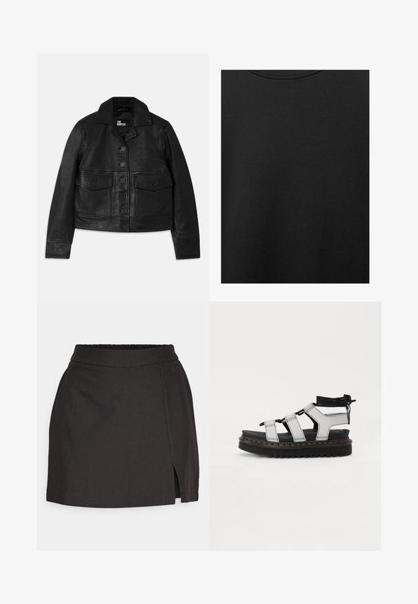 Mustaherra nahkatakki, jossa on kauluskkauluksella, napitus edessä, kaksi etutaskua läpillä ja lyhennetty malli. Sileä pinta ja istuva muotoilu.; Musta puuvillakangas, jossa on sileä pinta ja pyöreä pääntie, ominaisuutena hienovarainen ja tasainen rakennekuvio. Ei näkyviä logoja tai korostuksia.; Musta hame, joka on valmistettu sileästä kankaasta, jossa on joustava vyötärö, suora leikkaus ja sivuhalkio liikkumisen helpottamiseksi.; Mustat alustossut harmailla remmeillä, joissa on kontrastiväriset keltaiset ompeleet, säädettävät nauhat nilkassa ja teksturoitu pohja.