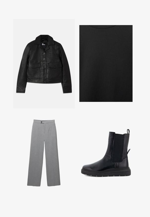 Mustaherra nahkatakki, jossa on kauluskkauluksella, napitus edessä, kaksi etutaskua läpillä ja lyhennetty malli. Sileä pinta ja istuva muotoilu.; Musta puuvillakangas, jossa on sileä pinta ja pyöreä pääntie, ominaisuutena hienovarainen ja tasainen rakennekuvio. Ei näkyviä logoja tai korostuksia.; Harmaat räätälöidyt housut, joissa on leveä lahje, litteä etuosa ja hienovarainen rakenne. Varustettu yhdellä nappikiinnityksellä ja siisteillä linjoilla.; Musta nilkkuri sileästä nahasta, jossa on joustavat sivupaneelit, vetotuli takana ja paksu kumipohja.