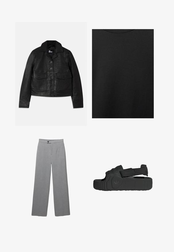 Fekete bőrkabát, amelynek galléros nyaka, gombos záródása, két elülső zseb flap-szerű kialakítással és crop szabása van. Simító textúrájú és testhezálló fazon.; Fekete pamut anyag sima textúrával és kerek nyakkivágással, finom, egyenletes szemcsés mintázattal. Nincsenek látható logók vagy díszítések.; Szürke szabott nadrág széles lábbal, lapos elülső résszel és finom textúrával. Egy gombos záródással és letisztult vonalakkal rendelkezik.; Fekete, textúrált gumiból készült szandál széles pánttal és állítható tépőzárral. Mintás talppal és logó részlettel rendelkezik.