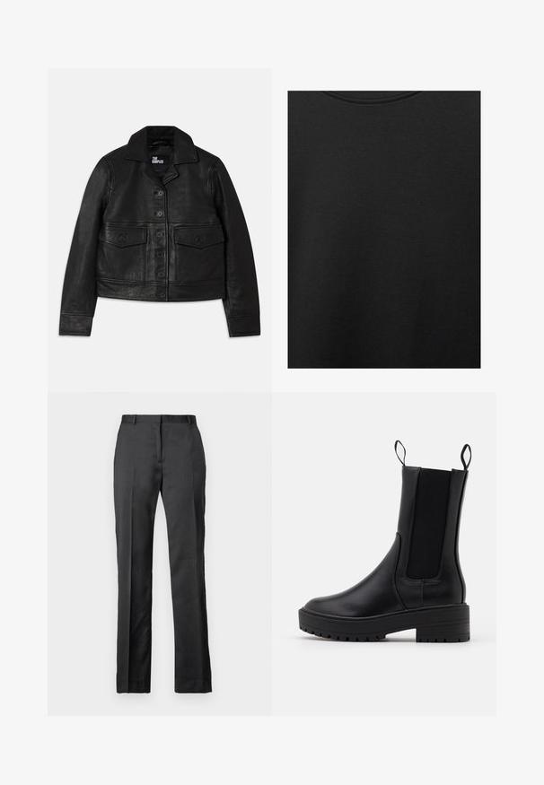 Jachetă din piele neagră cu guler, închidere cu nasturi, două buzunare frontale cu clapete și un design scurt. Textură netedă și croială ajustată.; Țesătură de bumbac neagră cu o textură netedă și un guler rotund, având un model de granulație subtil și uniform. Fără logo-uri sau accente vizibile.; Pantaloni negri măsurați, realizati dintr-un material neted. Au un design cu picior drept, față plată și detalii subtile de pliuri.; Botine negre până la gleznă, cu un finisaj din piele netedă, panouri elastice pe laterale, curele de tragere și o talpă groasă, texturată pentru o aderență suplimentară.