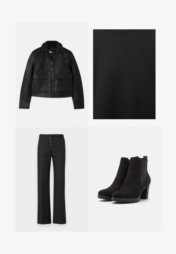 Fekete bőrkabát, amelynek galléros nyaka, gombos záródása, két elülső zseb flap-szerű kialakítással és crop szabása van. Simító textúrájú és testhezálló fazon.; Fekete pamut anyag sima textúrával és kerek nyakkivágással, finom, egyenletes szemcsés mintázattal. Nincsenek látható logók vagy díszítések.; The Kooples PANTALON - Nadrágok - black; Fekete velúr bokacsizmák rugalmas oldalsó panelekkel, kerek orral és vastag sarokkal. Texturált felület sima kiegészítőkkel a sarkon.