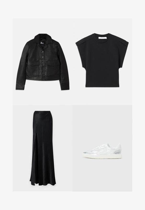 Jachetă din piele neagră cu guler, închidere cu nasturi, două buzunare frontale cu clapete și un design scurt. Textură netedă și croială ajustată.; Top scurt negru cu mânecă scurtă, guler rotund și detalii pe umeri, așezat pe un fundal alb.; Nanushka HARLOW - Fustă maxi - black; Tenisi albi cu accente metalice argintii, textură netedă, vârf rotund, talpă plată și design tradițional cu șireturi.