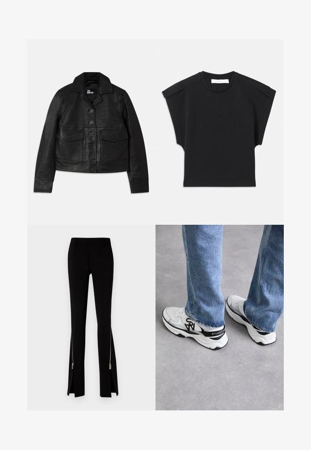 Zwarte leren jas met een kraag, knoopsluiting, twee voorzakken met kleppen en een cropped ontwerp. Zachte textuur en getailleerde pasvorm.; Zwarte korte mouw top met een ronde halslijn en schouderdetails, plat gelegd op een witte achtergrond.; DSQUARED2 ICON TRUMPET PANT - Broek - black; Witte en grijze sport schoenen met een gestructureerde mesh bovenkant, zwarte accenten en een opvallend logo aan de zijkant en hiel, gecombineerd met blauwe jeans.