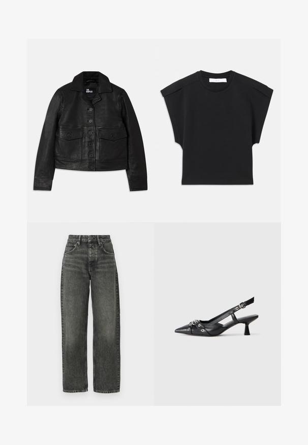 Black leather jacket featuring a collared neck, button closure, two front pockets with flaps, and a cropped design. Smooth texture and tailored fit.; Black short-sleeve top with a round neckline and shoulder detailing, laid flat on a white background.; Won Hundred ALEXANDRA - Relaxed fit jeans - tinted black; Black leather slingback shoe with a pointed toe, decorative straps featuring metal eyelets, and a low block heel. Textured surface.
