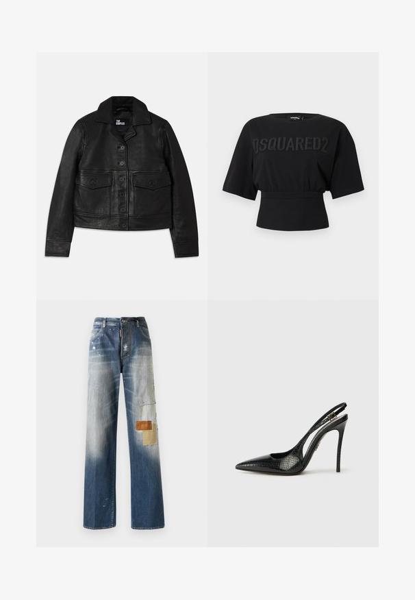 Melnā ādas jakā ar apkakli, pogu aizdari, divām priekšējām kabatām ar vākiem un īsu piegriezumu. Gluda tekstūra un piegrieztas formas.; Melna īsā T-krekls ar platām piedurknēm un teksturētu "DSQUARED2" logotipu pāri krūtīm, elastīga jostas detalizācija.; Zilās džinsu bikses ar brīvu piegriezumu, izbalējušām vietām un dažādiem teksturētiem ielāpiem brūnā un bežā krāsā kreisajā kājā. Redzama viegla nolietojuma pazīme.; Melnas slingback kurpes ar smailu purngalu, teksturētu čūskas rakstu, stiletto papēdi un dekoratīvu sprādzi uz siksniņas.