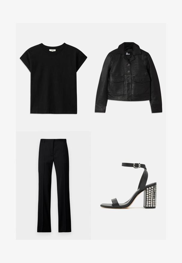Čierna kožená bunda s golierom, zapínaním na gombíky, dvoma prednými vreckami so chlopňami a skráteným strihom. Hladká textúra a prispôsobený strih.; Čierne bavlnené tričko s okrúhlym výstrihom, krátkymi rukávmi v štýle cap a rovnými líniami. Hladká textura s minimálnym zdobením.; Čierne nohavice v rovnom strihu z hladkej tkaniny, so plochým predným dielom, pútkami na opasok a bez viditeľných vreciek alebo ozdôb.; Čierne kožené sandále na podpätku s remienkom okolo členka. Majú štvorecový špičku, hladký povrch a štvorcovú blokovú pätu ozdobenú striebornými cvokmi.