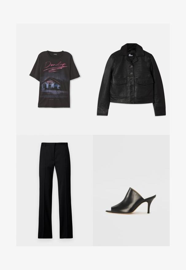 Čierna kožená bunda s golierom, zapínaním na gombíky, dvoma prednými vreckami so chlopňami a skráteným strihom. Hladká textúra a prispôsobený strih.; Čierne bavlnené tričko s grafikou motelu a ružovým nápisom "Dondup", nadrozmerný strih, bez ďalších ozdôb.; Čierne nohavice v rovnom strihu z hladkej tkaniny, so plochým predným dielom, pútkami na opasok a bez viditeľných vreciek alebo ozdôb.; Čierne kožené otvorené muly s elegantným, zakriveným dizajnom, vysokým stiletto opätkom a hladkou textúrou. Interiér má kontrastnú svetlú farbu.
