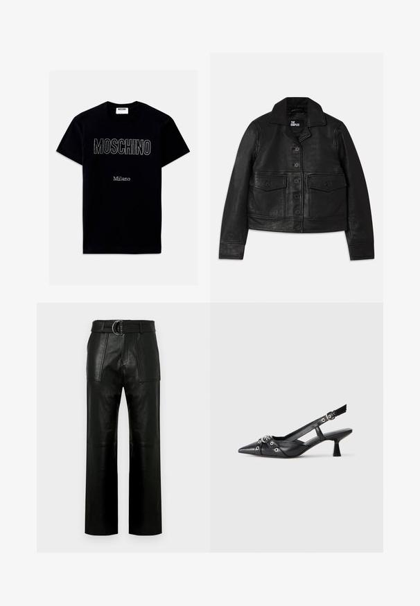 Juodas odinis švarkas su apykakle, sagomis, dviem priekinių kišenių dangteliais ir trumpa forma. Lygus paviršius ir pritaikytas siluetas.; Juodas medvilnės marškinėliai su užrašu "MOSCHINO" deimantų formatu per krūtinę ir mažesniu užrašu "Milano" po juo. Klasikinio apvalaus kaklo dizainas.; Aukštos juosmens juodos odinės kelnės su plačiomis kojomis, dideliais priekiniais kišenėmis ir atitinkamu diržu su dvigubu žiedu.; Juodas odinis slingback tipo batai su smailiu priekiniu atvartu, dekoratyvinėmis sagtimis su metaliniais akyčiais ir žemu blokiniu kulnu. Saldus paviršius.