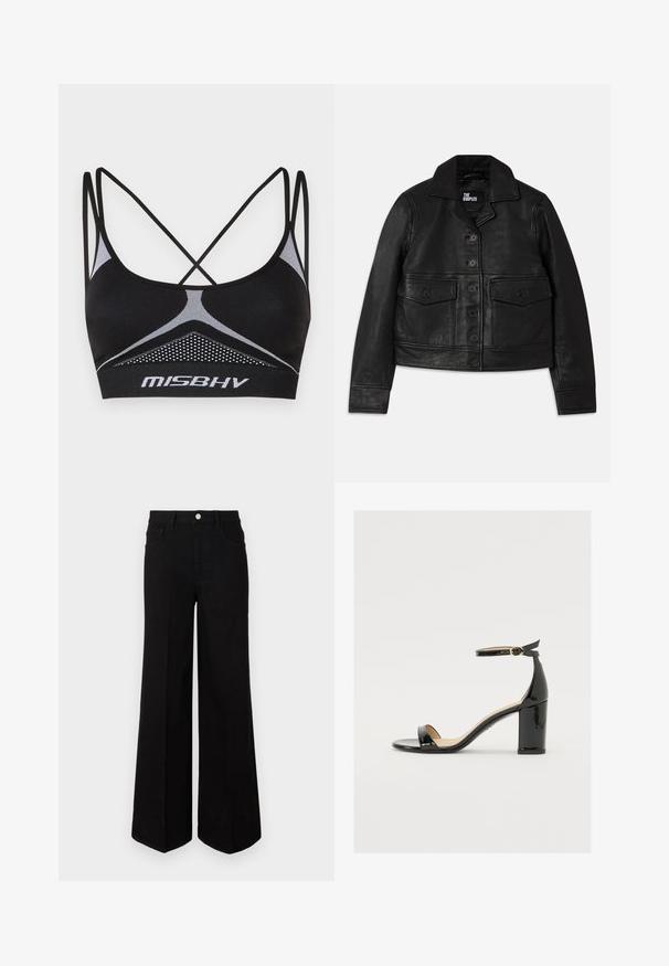 Crna kožna jakna s kragnom, dugmadi, dva prednja džepa s preklopima i skraćenim dizajnom. Glatka tekstura i kroj s odličnim fitom.; Crna sportska grudnjak s križnim trakama, s teksturiranim mrežnim panelom i bijelim akcentnim linijama. Logo prikazan na traku.; Crne široke traperice od čvrstog materijala, s visokim strukom, prednjim džepovima i prednjim kopčanjem na dugme. Ravni rub na dnu.; Crne lakirane sandale s širokim potpeticama, otvorenim prstima i remenom oko gležnja s zlatnom kopčom. Glatka tekstura i elegantan dizajn.