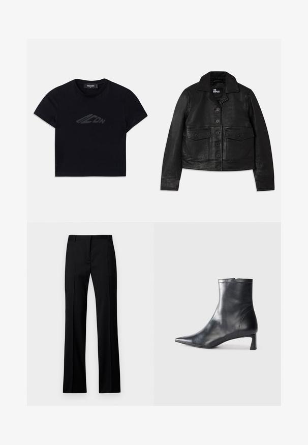 Veste en cuir noire avec un col, fermeture à boutons, deux poches avant avec rabats et une coupe courte. Texture lisse et ajustement cintré.; T-shirt noir court en coton, avec un design de logo sombre discret sur le devant. Manches courtes et col rond.; Pantalons noirs à jambe droite en tissu lisse, avec un devant plat, des passants de ceinture et sans poches visibles ni embellissements.; Bottine en cuir noir avec un bout pointu et un design épuré. Présente un petit talon et une fermeture éclair à l'arrière. Texture lisse.