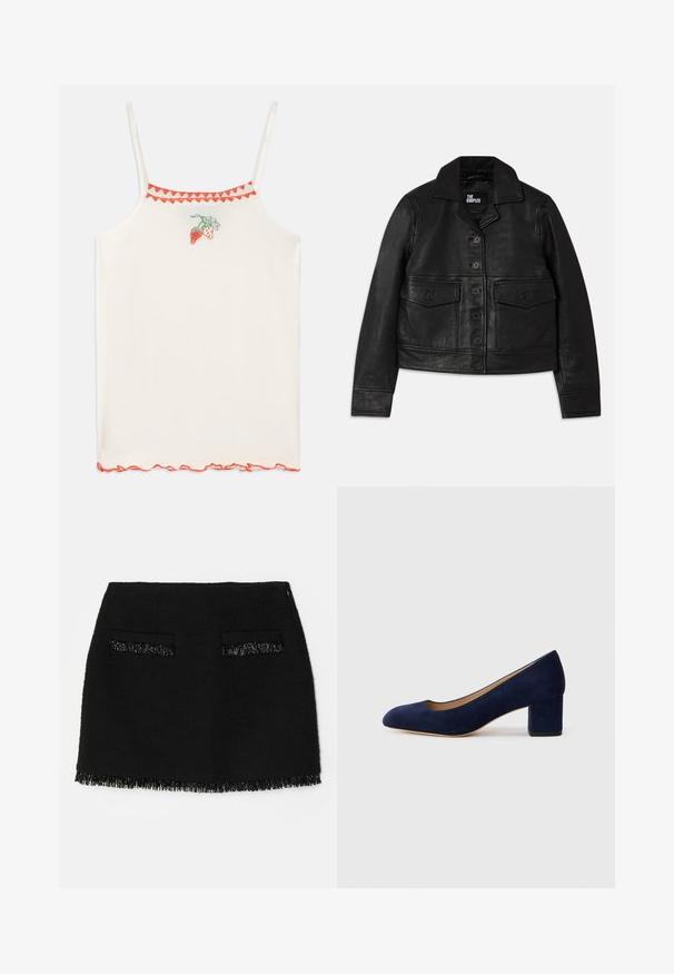 Giubbotto in pelle nera con collo, chiusura con bottoni, due tasche frontali con pattina e design accorciato. Texture liscia e vestibilità sartoriale.; Camisola bianca con spalline sottili, decorata con fragole ricamate rosse e un orlo rosso smerlato lungo il colletto e l'orlo.; Gonna nera con tessuto testurizzato, due tasche frontali e dettaglio a frange sull'orlo. La forma complessiva è un design aderente a forma di A.; Pump in suede blu Navy con punta affusolata e tacco blocco di media altezza. Texture liscia con una leggera lucentezza e un piccolo taglio sul davanti.
