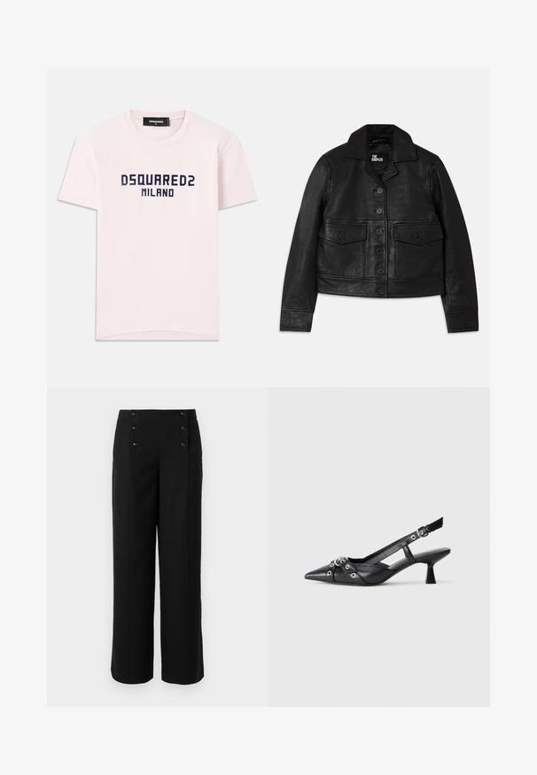 Black leather jacket featuring a collared neck, button closure, two front pockets with flaps, and a cropped design. Smooth texture and tailored fit.; Pink cotton t-shirt featuring "DSQUARED2 MILANO" printed in navy blue. Classic crew neck design with short sleeves. Smooth texture.; Black wide-leg trousers made of smooth fabric, featuring a high waist and five front buttons for closure. Elegant, tailored design.; Black leather slingback shoe with a pointed toe, decorative straps featuring metal eyelets, and a low block heel. Textured surface.