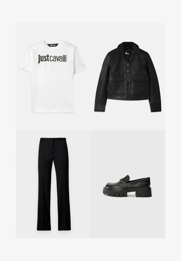 Jachetă din piele neagră cu guler, închidere cu nasturi, două buzunare frontale cu clapete și un design scurt. Textură netedă și croială ajustată.; Tricou alb din bumbac cu text "Just Cavalli" în negru, cu un finisaj texturat. Guler clasic și mâneci scurte.; Pantaloni negri cu croi drept, dintr-un material neted, cu front plat, brâuri pentru curea și fără buzunare sau embellishments vizibile.; Mocasini negri din piele cu o talpă groasă, având un accent aurit în față și un finisaj neted. Design cu ștanțare groasă pe talpă.