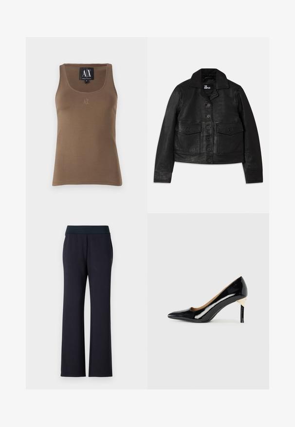 Must mustrakk mustrakk, mis sisaldab kraega kaela, nupuvajutusega sulgemist, kahte esipocketit klappidega ja lühendatud disaini. Sile tekstuur ja peenelt lõigatud sobivus.; Pruun puuvillane top tank, ümmarguse kaeluse ja küljeõmblustega, rinnal on väike broderie logo. Sile tekstuur.; Mustad mustad laiad püksid, millel on lai vöökoht. Valmistatud pehmest kangast, mis sisaldab kahte külgtaskut ja millel on sile pind. Pole nähtavaid mustreid.; Must musta kõrge kontsaga king, millel on terav nina ja lõikekujundus; sisaldab peent kuldset aktsenti kontsal. Lihtne ja elegantne.