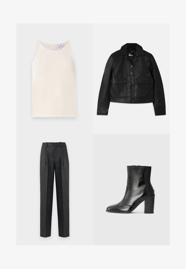 Fekete bőrkabát, amelynek galléros nyaka, gombos záródása, két elülső zseb flap-szerű kialakítással és crop szabása van. Simító textúrájú és testhezálló fazon.; Fehér hálós ujjatlan felső, kerek nyakkivágással és kulcslyuk részlettel a hátsó részen. Texturált anyag, laza fazonban.; Sötét szürke anyagú, világos csíkos, testre szabott nadrág, egyenes szabással, elülső redőkkel és sima textúrával.; Fekete bőr bokacipő sima textúrával, hegyes orral és vastag, magas sarkával. Oldalnyílással és minimalista dizájnnal rendelkezik.