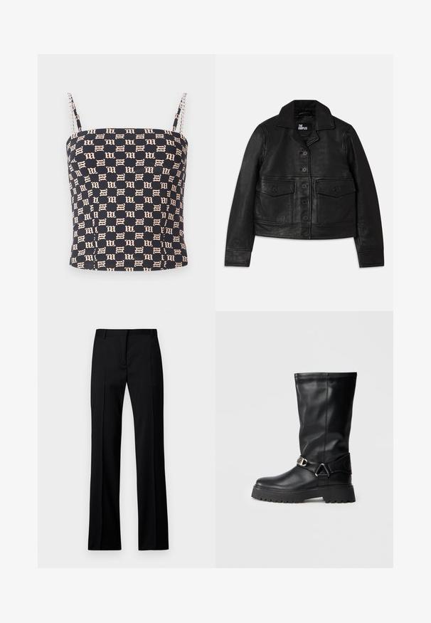 Čierna kožená bunda s golierom, zapínaním na gombíky, dvoma prednými vreckami so chlopňami a skráteným strihom. Hladká textúra a prispôsobený strih.; MISBHV MONOGRAM SPAGHETTI - Top - black/beige; Čierne nohavice v rovnom strihu z hladkej tkaniny, so plochým predným dielom, pútkami na opasok a bez viditeľných vreciek alebo ozdôb.; Čierne vyššie čižmy z hladkej kože, s detailom prackou na boku a hrubou, textúrovanou podrážkou pre lepšiu priľnavosť.