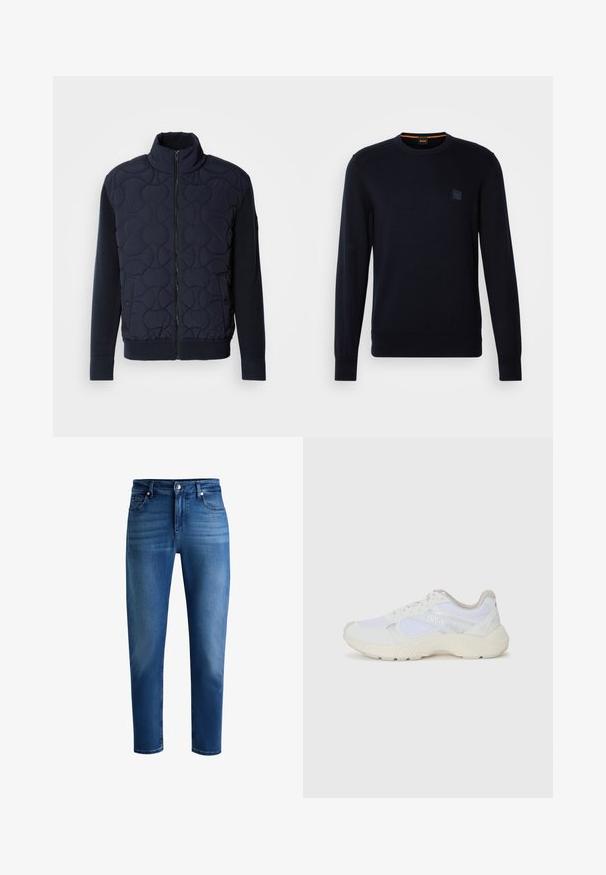 Mørk sjøgrønn quiltet jakke med høy krage, glidelås foran, strikkede ermer og ribbestrikket hem, med sirkulære mønstre på frontpanelet.; Marineblå strikkegenser med lange ermer, rund hals, ribbestrikkede mansjetter og nederkant, med et lite firkantet logo-patch på brystet.; Blå denimjeans med rett snitt, midt på hoften, fem lommer og subtil falmet detaljering. Jevn tekstur, klassisk design.; Hvit idrettssko laget av mesh og skinn, med en teksturert mellomsåle, teksturerte detaljer og "HUGO"-logo på siden.