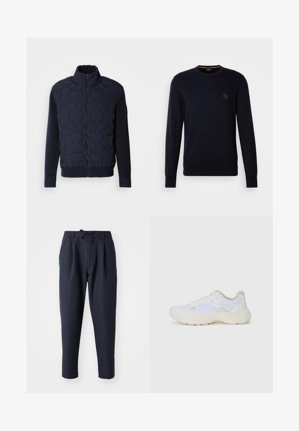 Tamno mornarica jakna s quilted uzorkom, visoki ovratnik, prednji zip, pletene rukave i rebrasti rub, s kružnim uzorcima na prednjem panelu.; Tamnoplavi pleteni pulover s dugim rukavima, okruglim izrezom, rebrastim manžetama i donjim rubom, s malim kvadratnim logotipom na prsima.; Mornarske hlače s elastičnim pojasom, detaljem s vezicom, suženi kroj nogavica, glatka tekstura i bočne džepove.; Bijele atletske tenisice napravljene od mrežastog materijala i kože antilop, s teksturiranom srednjom potplatom, teksturiranim detaljima i "HUGO" logotipom sa strane.