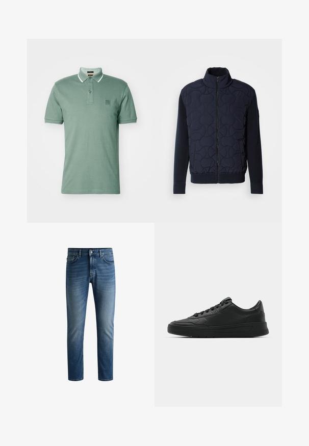 Temno modra prešita jakna z visokim ovratnikom, z zadrgo spredaj, pletenimi rokavi in rebrastim robom, s krožnimi vzorci na sprednjem panelu.; Svetlozeleno pleteno pulover s rebrasto teksturo, okroglo izrezano in s sprednjim žepom. Vsebuje blagovno znamko na žepu in oprijete manšete.; BOSS PASSERTIP - Polo majica - open green; Temno modre jeans hlače s ravnim krojem, petimi žepi, svetlim bledenjem na stegnih in enojnim gumbom za zapiranje na pasu.; Črne superge z gladkim usnjenim zgornjim delom, okroglo konico, ravnimi vezalkami, oblazinjeno ovratnikom in minimalističnim dizajnom. Gumijast podplat z diskretnim profilom.