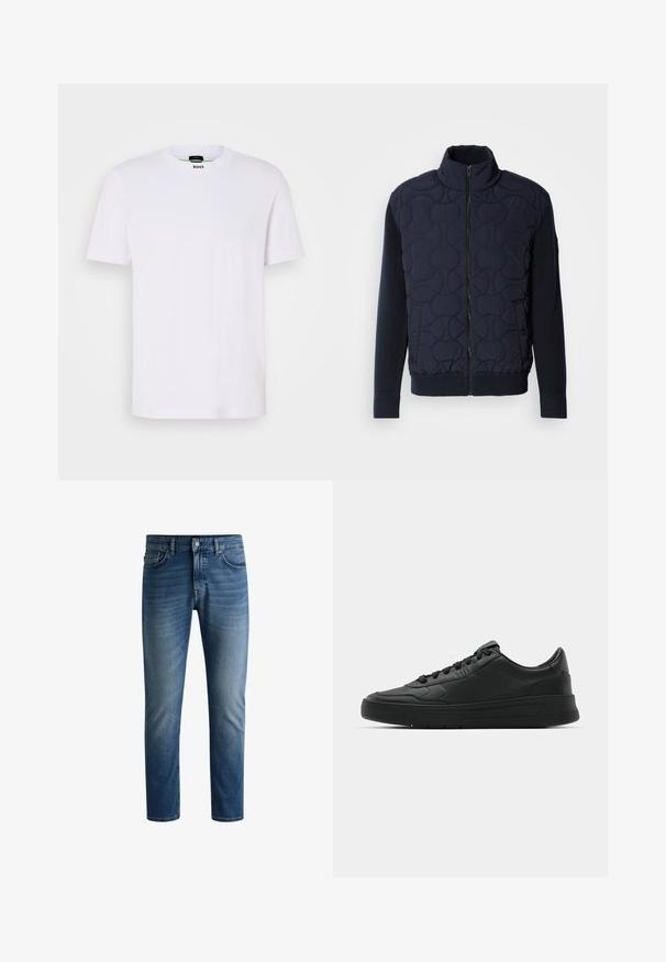 Casaco acolchoado azul marinho escuro com gola alta, fecho de correr na frente, mangas de malha e barra canelada, com padrões circulares no painel da frente.; Pulôver de malha verde claro com textura canelada, gola redonda e um bolso frontal. Apresenta uma marca no bolso e punhos ajustados.; T-shirt branco de manga curta, feito de algodão. Apresenta um decote redondo ribado com uma pequena etiqueta de logótipo dentro do colarinho. Possui uma textura suave.; Jeans em denim azul escuro com corte reto, design de cinco bolsos, desbotamento leve nas coxas e um único botão de fecho na cintura.; Sapatilha preta com parte superior em couro liso, bico arredondado, cadarços planos, colarinho almofadado e design minimalista. Sola de borracha com padrão de tração discreto.