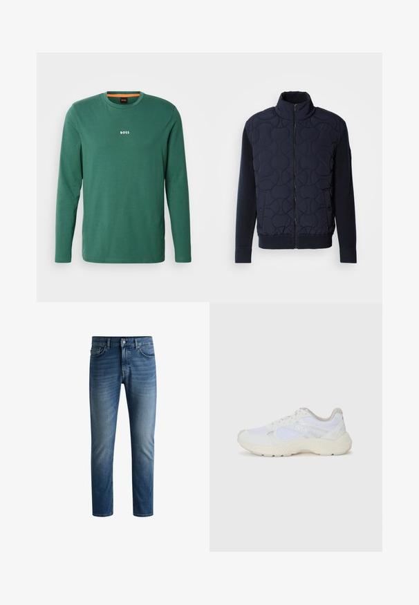 Dark navy quilted jacket featuring a high collar, zip front, knit sleeves, and ribbed hem, with circular patterns on the front panel.; Light green knit sweater with ribbed texture, crew neck, and a front patch pocket. Features branding on the pocket and fitted cuffs.; Long-sleeve green T-shirt made of cotton with a crew neck, featuring a white "BOSS" logo on the chest and orange inner neck detailing.; Dark blue denim jeans with a straight cut, five-pocket design, light fading on thighs, and a single button closure at the waistband.; White athletic shoes made of mesh and suede, featuring a textured midsole, textured accents, and "HUGO" logo on the side.