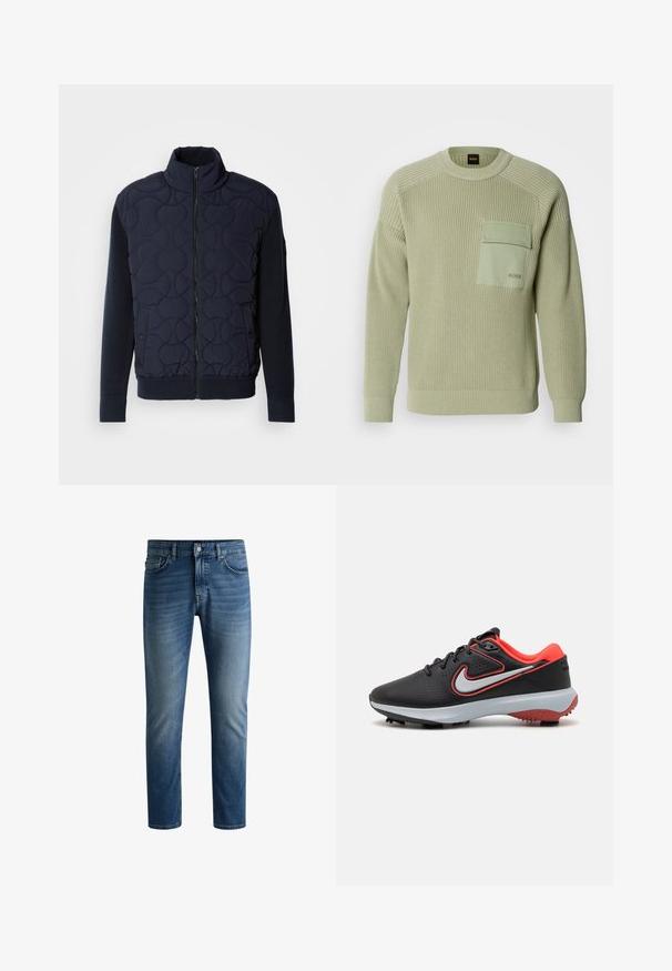 Tamsiai mėlynas siuvinėtas švarkas, turintis aukštą apykaklę, užtrauktuką priekyje, megztas rankoves ir briaunotą apačią, su apvaliais raštais priekyje.; Šviesiai žalia megzta suknelė su iškilniu raštu, apvaliu kaklu ir priekinėmis kišenėmis. Kišenėje yra logotipas, o rankogaliai priglunda.; Tamsiai mėlynos džinsinės kelnės su tiesiu puošu, penkių kišenių dizainu, šviesiu blukimu šlaunų srityje ir vienu mygtuko užsegimu liemens srityje.; Juodi golfo bateliai su raudona vidine apdaila ir kojų spygliais, balta vidurinė dalis ir pilkas Nike logotipas, apibrėžtas raudonai, šone.