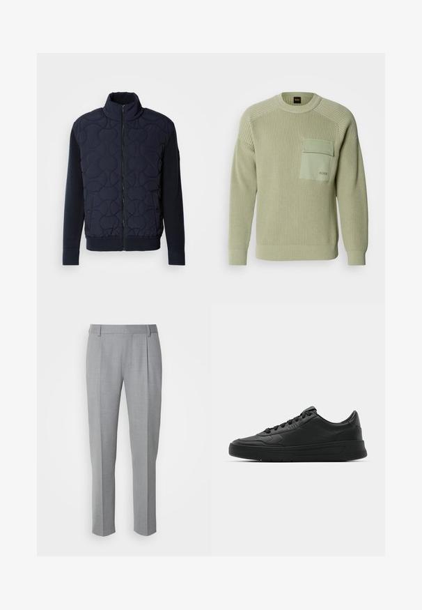 Casaco acolchoado azul marinho escuro com gola alta, fecho de correr na frente, mangas de malha e barra canelada, com padrões circulares no painel da frente.; Pulôver de malha verde claro com textura canelada, gola redonda e um bolso frontal. Apresenta uma marca no bolso e punhos ajustados.; Calças cinzentas de corte ajustado com uma textura suave, apresentando uma frente lisa, pernas retas e pregas subtis para um detalhe adicional.; Sapatilha preta com parte superior em couro liso, bico arredondado, cadarços planos, colarinho almofadado e design minimalista. Sola de borracha com padrão de tração discreto.