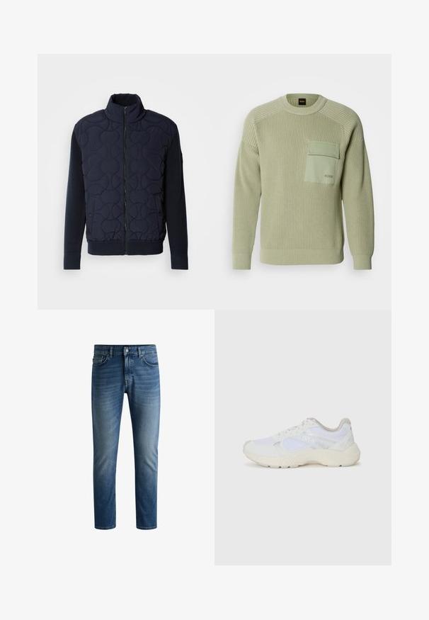 Tamsiai mėlynas siuvinėtas švarkas, turintis aukštą apykaklę, užtrauktuką priekyje, megztas rankoves ir briaunotą apačią, su apvaliais raštais priekyje.; Šviesiai žalia megzta suknelė su iškilniu raštu, apvaliu kaklu ir priekinėmis kišenėmis. Kišenėje yra logotipas, o rankogaliai priglunda.; Tamsiai mėlynos džinsinės kelnės su tiesiu puošu, penkių kišenių dizainu, šviesiu blukimu šlaunų srityje ir vienu mygtuko užsegimu liemens srityje.; Balti sportiniai bateliai, pagaminti iš tinklinės medžiagos ir zomšos, su tekstūruotu viduriu, tekstūruotais akcentais ir „HUGO“ logotipu šone.